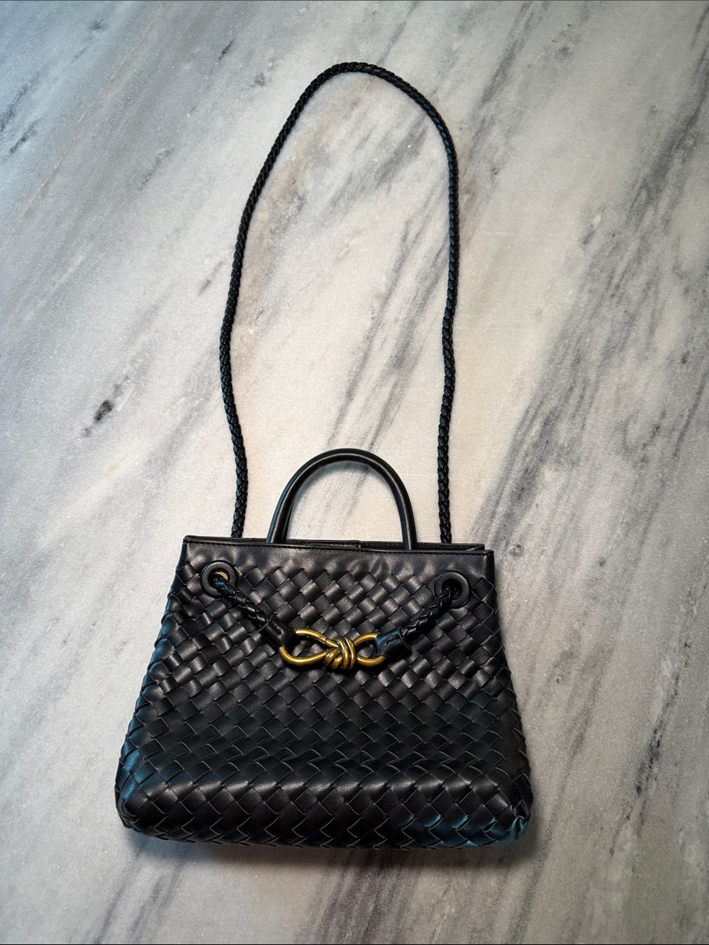 Black Woven Leather Shoulder Bag with Gold Accent